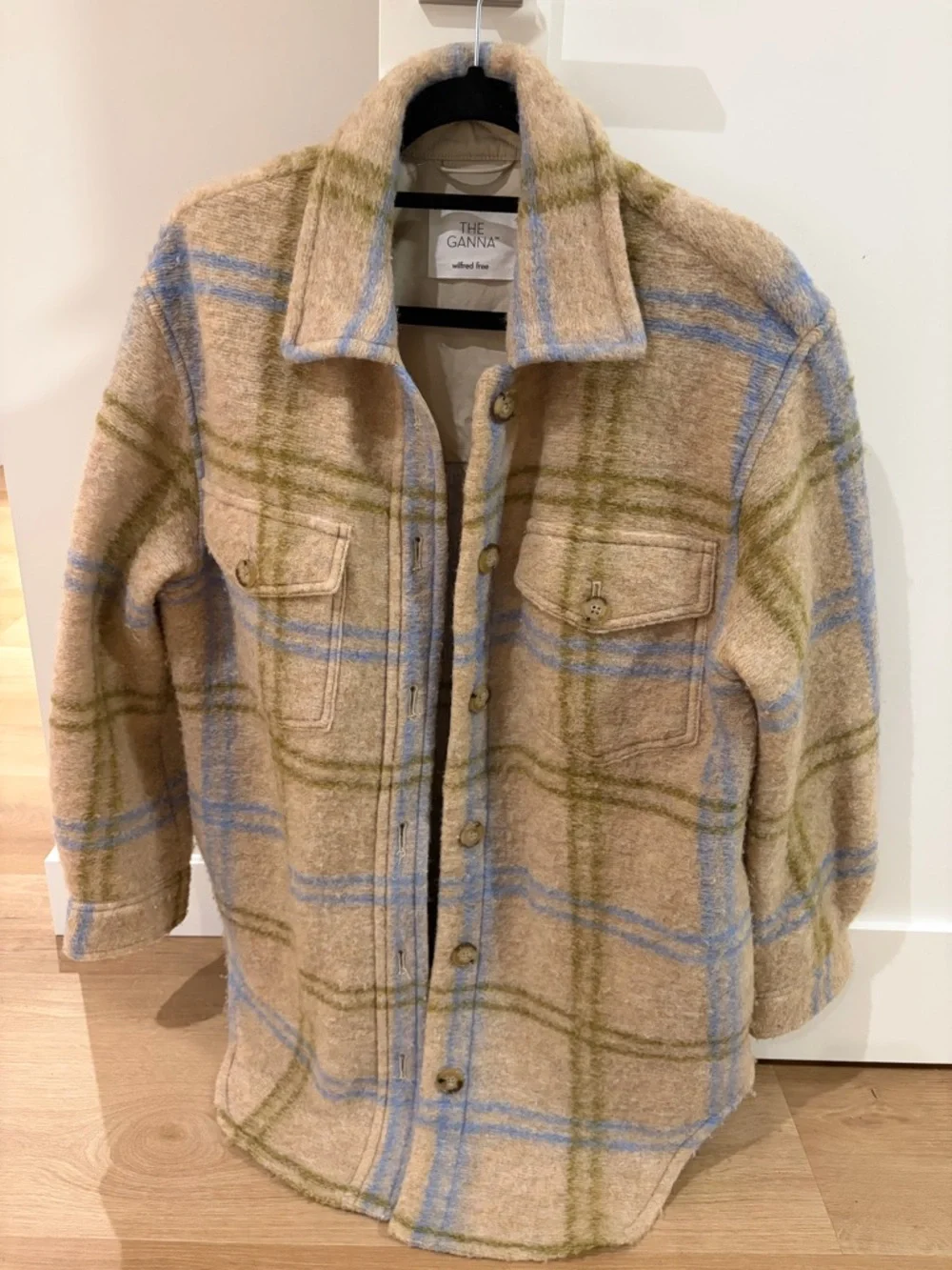 Wilfred Free Ganna Jacket Beige and Light Blue Plaid Shirt Jacket - Picture 3 of 6